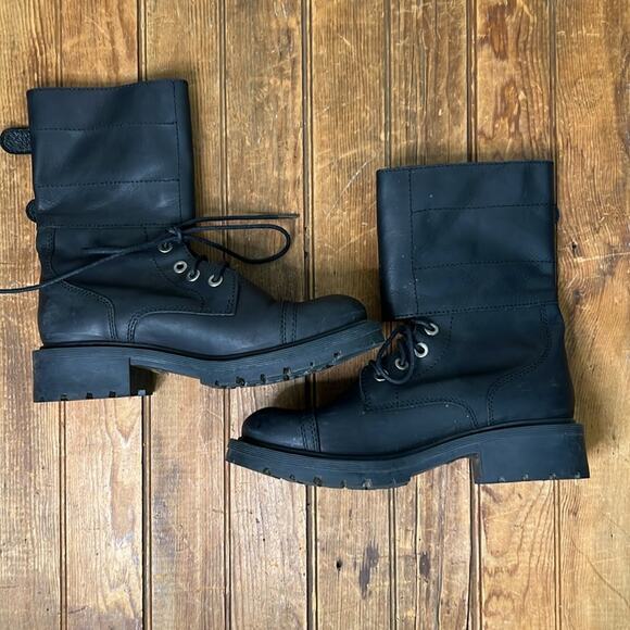 Women’s AllSaints black leather lug sole silver buckle biker boot size 38 - Picture 2 of 8